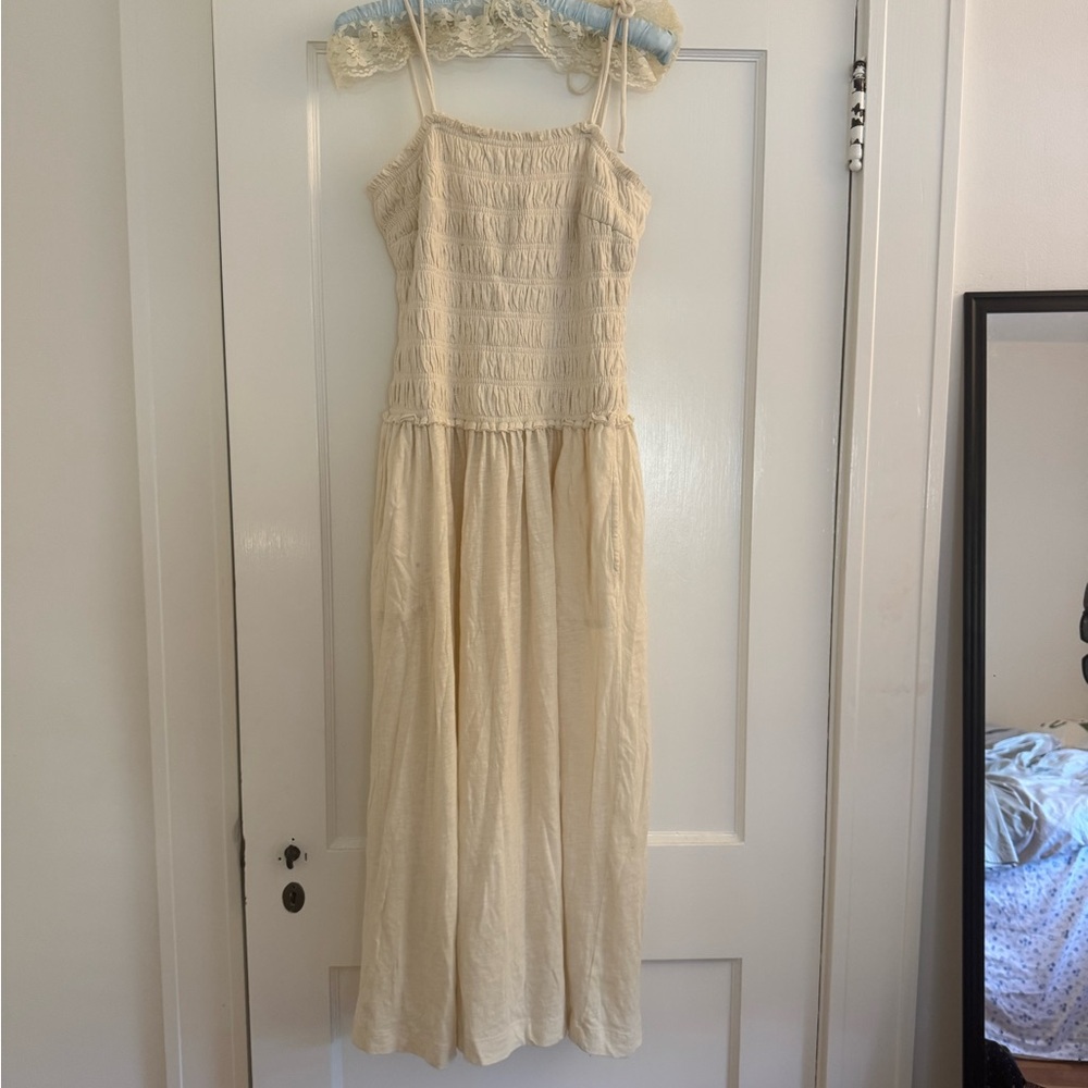 Free People Beach Sienna Midi Dress Smocked Solid Natural Cotton